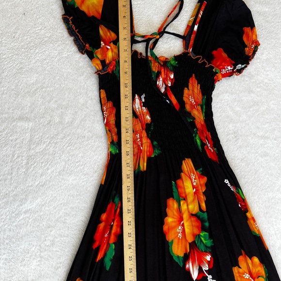 Women Maxi Dress Tropical Floral Smocked Black Orange Rayon OS - Picture 6 of 10
